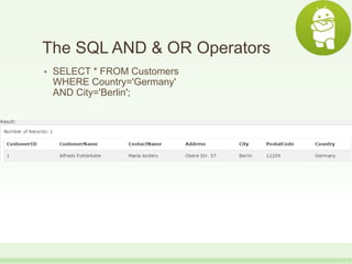 The SQL AND & OR Operators
• SELECT * FROM Customers
WHERE Country='Germany'
AND City='Berlin';
 