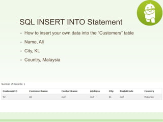SQL INSERT INTO Statement
• How to insert your own data into the “Customers” table
• Name, Ali
• City, KL
• Country, Malaysia
 