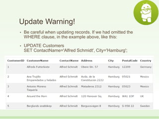 Update Warning!
• Be careful when updating records. If we had omitted the
WHERE clause, in the example above, like this:
• UPDATE Customers
SET ContactName='Alfred Schmidt', City='Hamburg';
 