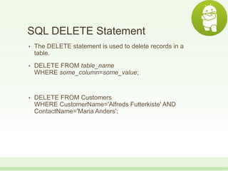 SQL DELETE Statement
• The DELETE statement is used to delete records in a
table.
• DELETE FROM table_name
WHERE some_column=some_value;
• DELETE FROM Customers
WHERE CustomerName='Alfreds Futterkiste' AND
ContactName='Maria Anders';
 