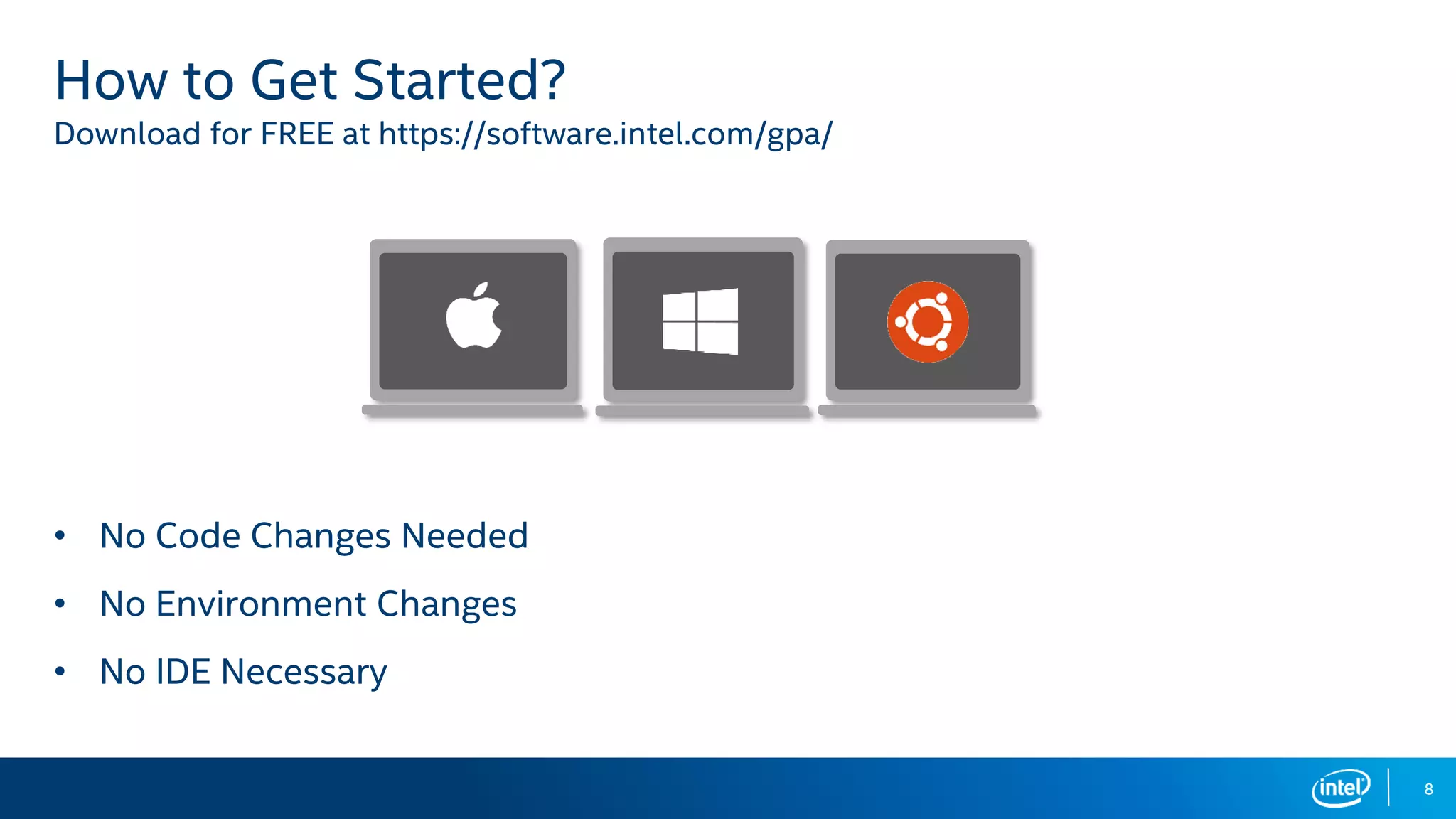 8
How to Get Started?
Download for FREE at https://software.intel.com/gpa/
• No Code Changes Needed
• No Environment Changes
• No IDE Necessary
 