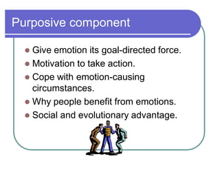 Purposive component
 Give emotion its goal-directed force.
 Motivation to take action.
 Cope with emotion-causing
circumstances.
 Why people benefit from emotions.
 Social and evolutionary advantage.
 