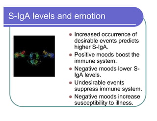S-IgA levels and emotion
 Increased occurrence of
desirable events predicts
higher S-IgA.
 Positive moods boost the
immune system.
 Negative moods lower S-
IgA levels.
 Undesirable events
suppress immune system.
 Negative moods increase
susceptibility to illness.
 