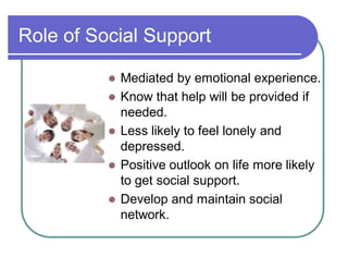 Role of Social Support
 Mediated by emotional experience.
 Know that help will be provided if
needed.
 Less likely to feel lonely and
depressed.
 Positive outlook on life more likely
to get social support.
 Develop and maintain social
network.
 