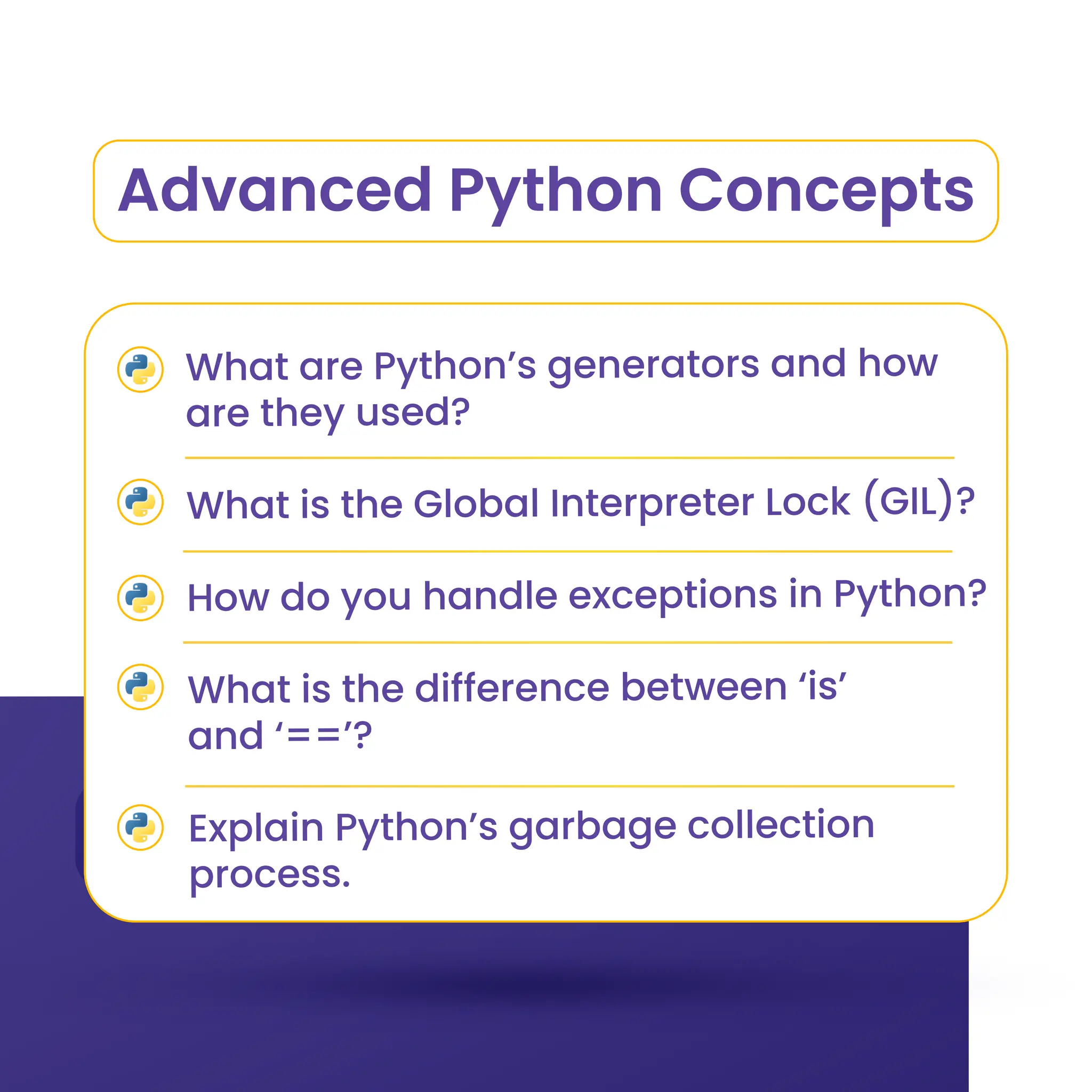 Advanced Python Concepts
What are Python’s generators and how
are they used?
What is the Global Interpreter Lock (GIL)?
How do you handle exceptions in Python?
What is the difference between ‘is’
and ‘==’?
Explain Python’s garbage collection
process.