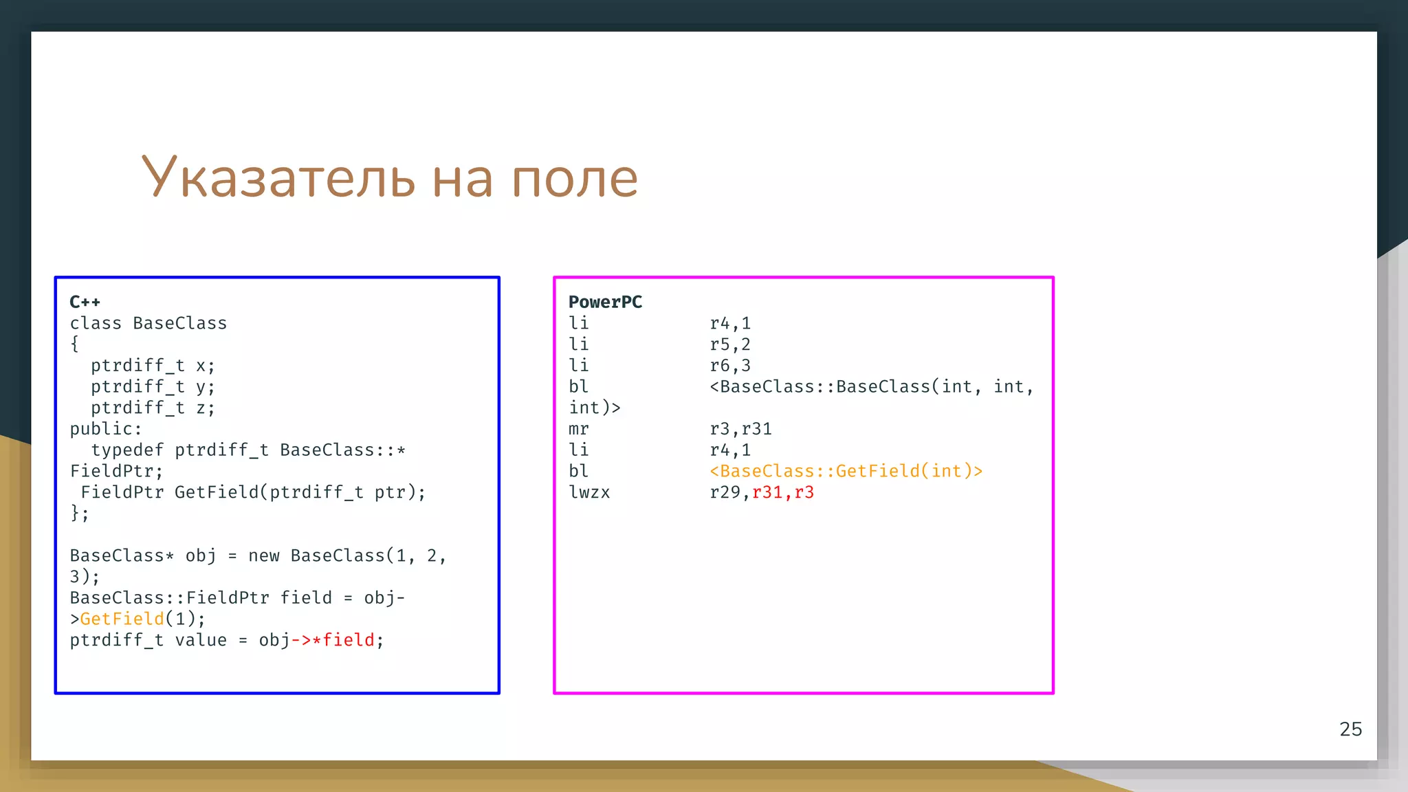 Указатель на поле
C++
class BaseClass
{
ptrdiff_t x;
ptrdiff_t y;
ptrdiff_t z;
public:
typedef ptrdiff_t BaseClass::*
FieldPtr;
FieldPtr GetField(ptrdiff_t ptr);
};
BaseClass* obj = new BaseClass(1, 2,
3);
BaseClass::FieldPtr field = obj-
>GetField(1);
ptrdiff_t value = obj->*field;
25
PowerPC
li r4,1
li r5,2
li r6,3
bl <BaseClass::BaseClass(int, int,
int)>
mr r3,r31
li r4,1
bl <BaseClass::GetField(int)>
lwzx r29,r31,r3
 
