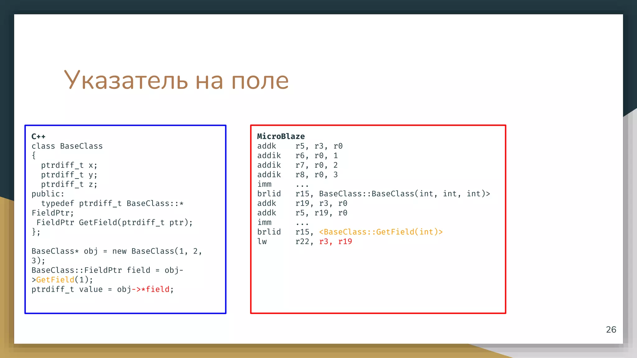 Указатель на поле
C++
class BaseClass
{
ptrdiff_t x;
ptrdiff_t y;
ptrdiff_t z;
public:
typedef ptrdiff_t BaseClass::*
FieldPtr;
FieldPtr GetField(ptrdiff_t ptr);
};
BaseClass* obj = new BaseClass(1, 2,
3);
BaseClass::FieldPtr field = obj-
>GetField(1);
ptrdiff_t value = obj->*field;
26
MicroBlaze
addk r5, r3, r0
addik r6, r0, 1
addik r7, r0, 2
addik r8, r0, 3
imm ...
brlid r15, BaseClass::BaseClass(int, int, int)>
addk r19, r3, r0
addk r5, r19, r0
imm ...
brlid r15, <BaseClass::GetField(int)>
lw r22, r3, r19
 