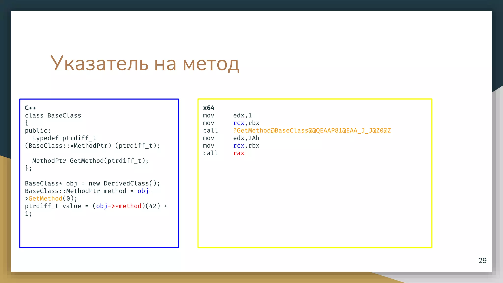 Указатель на метод
C++
class BaseClass
{
public:
typedef ptrdiff_t
(BaseClass::*MethodPtr) (ptrdiff_t);
MethodPtr GetMethod(ptrdiff_t);
};
BaseClass* obj = new DerivedClass();
BaseClass::MethodPtr method = obj-
>GetMethod(0);
ptrdiff_t value = (obj->*method)(42) +
1;
x64
mov edx,1
mov rcx,rbx
call ?GetMethod@BaseClass@@QEAAP81@EAA_J_J@Z0@Z
mov edx,2Ah
mov rcx,rbx
call rax
29
 