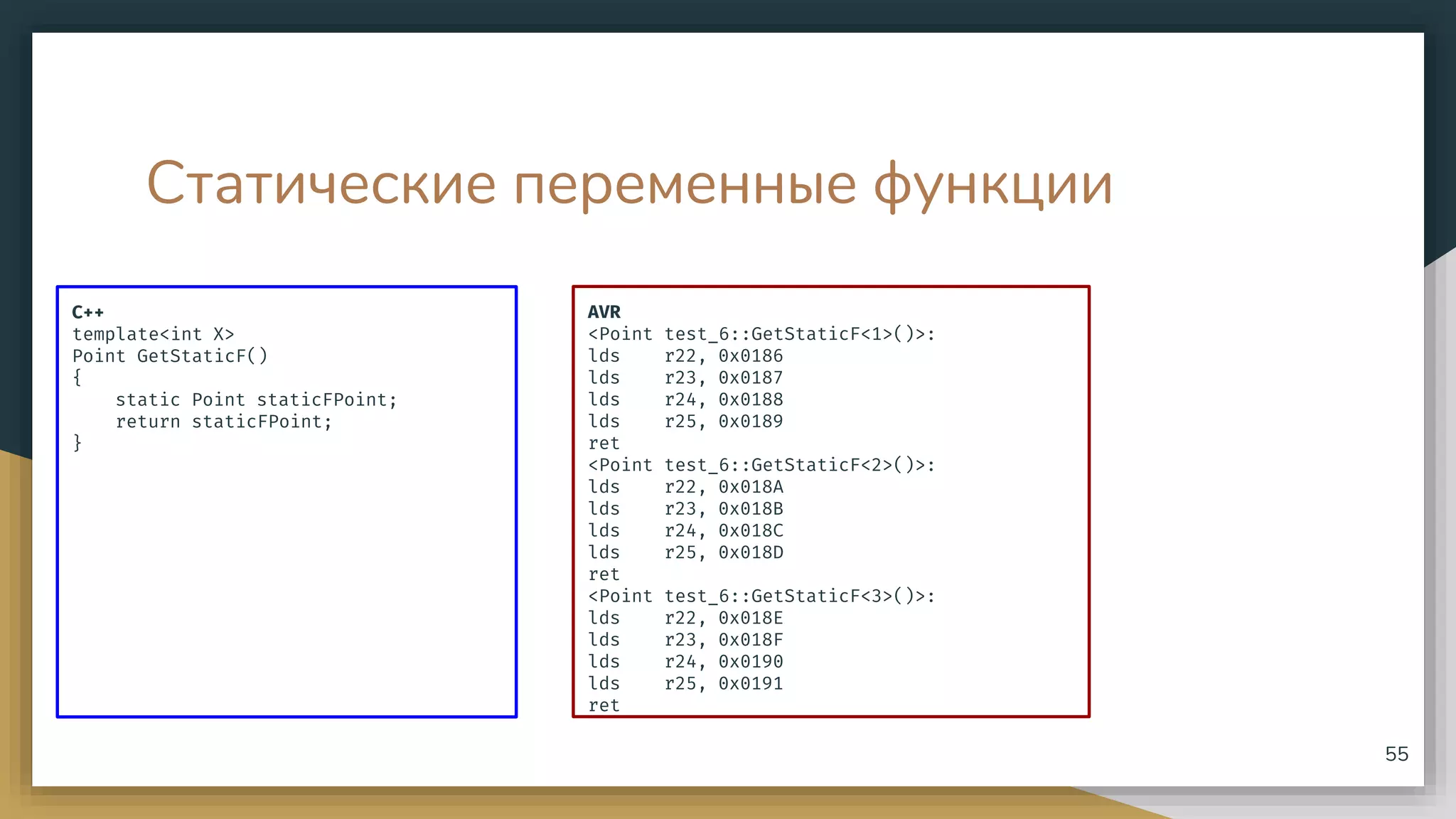 Статические переменные функции
C++
template<int X>
Point GetStaticF()
{
static Point staticFPoint;
return staticFPoint;
}
55
AVR
<Point test_6::GetStaticF<1>()>:
lds r22, 0x0186
lds r23, 0x0187
lds r24, 0x0188
lds r25, 0x0189
ret
<Point test_6::GetStaticF<2>()>:
lds r22, 0x018A
lds r23, 0x018B
lds r24, 0x018C
lds r25, 0x018D
ret
<Point test_6::GetStaticF<3>()>:
lds r22, 0x018E
lds r23, 0x018F
lds r24, 0x0190
lds r25, 0x0191
ret
 