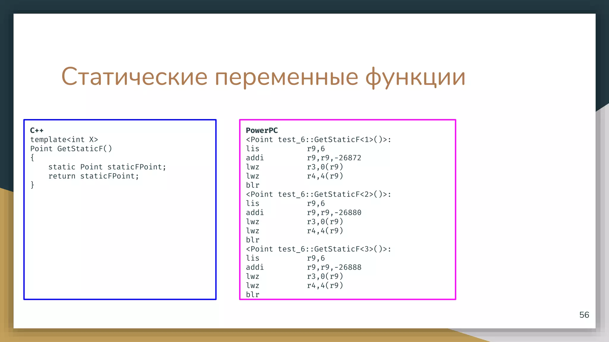 Статические переменные функции
C++
template<int X>
Point GetStaticF()
{
static Point staticFPoint;
return staticFPoint;
}
56
PowerPC
<Point test_6::GetStaticF<1>()>:
lis r9,6
addi r9,r9,-26872
lwz r3,0(r9)
lwz r4,4(r9)
blr
<Point test_6::GetStaticF<2>()>:
lis r9,6
addi r9,r9,-26880
lwz r3,0(r9)
lwz r4,4(r9)
blr
<Point test_6::GetStaticF<3>()>:
lis r9,6
addi r9,r9,-26888
lwz r3,0(r9)
lwz r4,4(r9)
blr
 