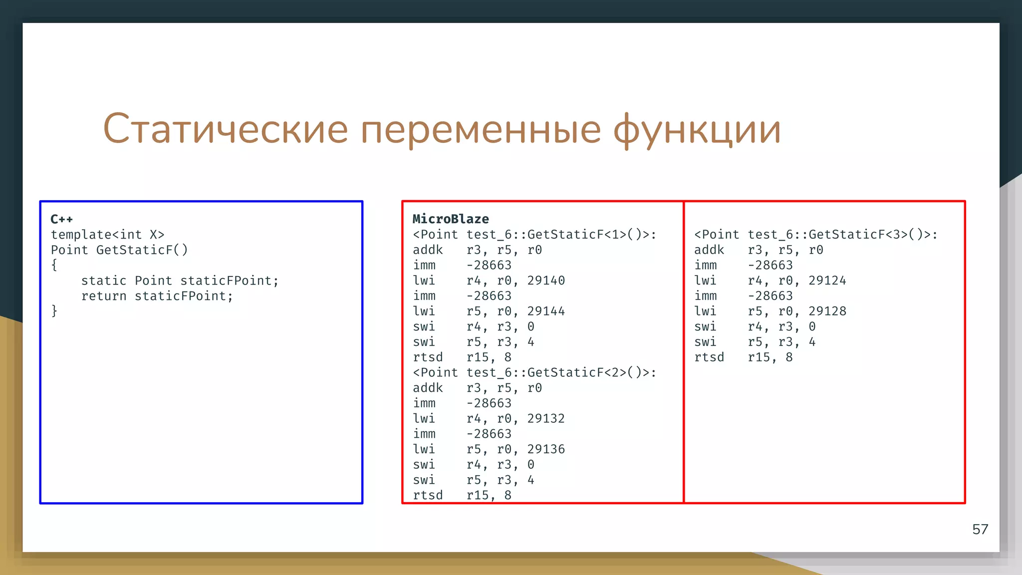 Статические переменные функции
C++
template<int X>
Point GetStaticF()
{
static Point staticFPoint;
return staticFPoint;
}
57
MicroBlaze
<Point test_6::GetStaticF<1>()>:
addk r3, r5, r0
imm -28663
lwi r4, r0, 29140
imm -28663
lwi r5, r0, 29144
swi r4, r3, 0
swi r5, r3, 4
rtsd r15, 8
<Point test_6::GetStaticF<2>()>:
addk r3, r5, r0
imm -28663
lwi r4, r0, 29132
imm -28663
lwi r5, r0, 29136
swi r4, r3, 0
swi r5, r3, 4
rtsd r15, 8
<Point test_6::GetStaticF<3>()>:
addk r3, r5, r0
imm -28663
lwi r4, r0, 29124
imm -28663
lwi r5, r0, 29128
swi r4, r3, 0
swi r5, r3, 4
rtsd r15, 8
 