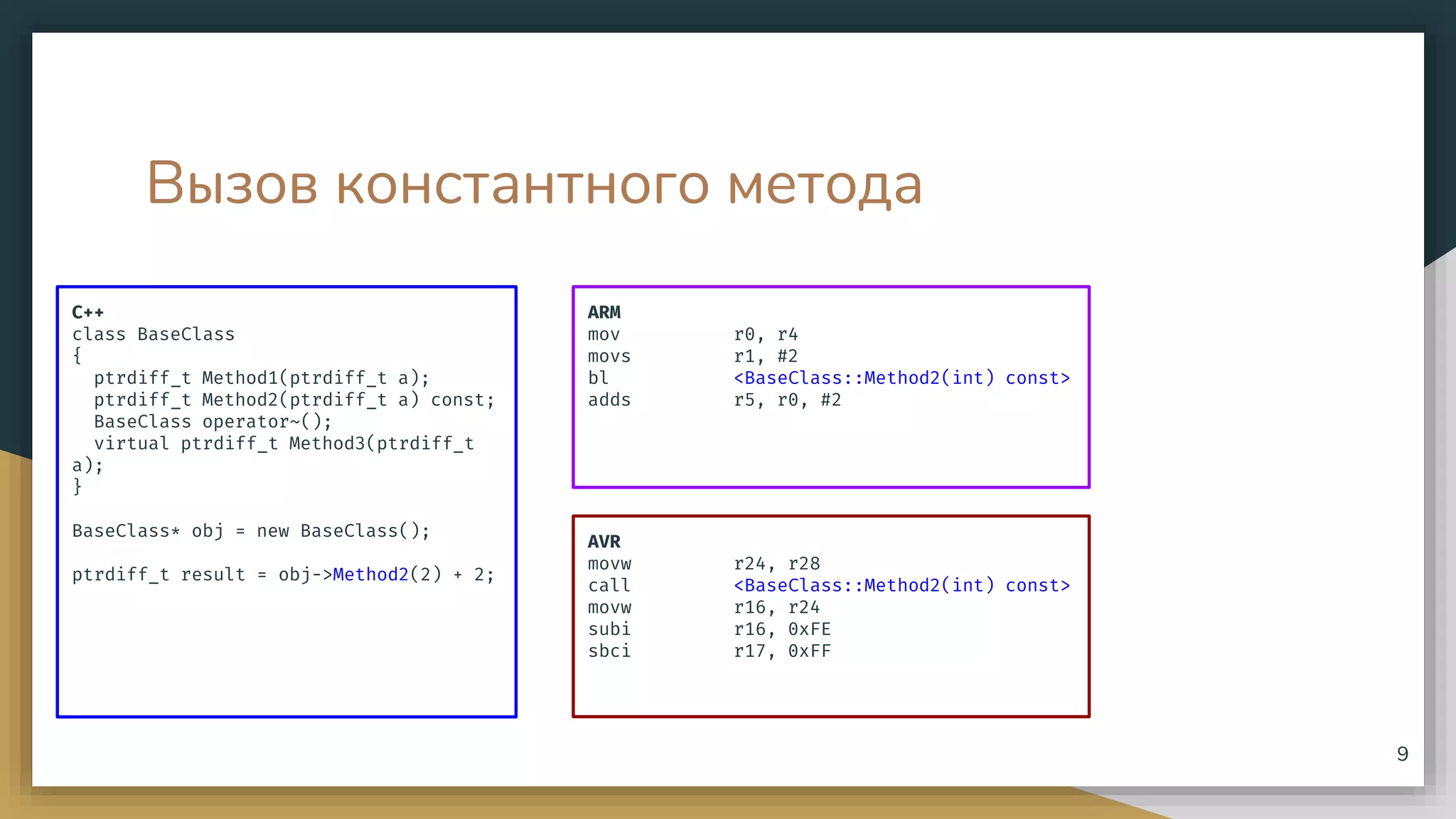 Вызов константного метода
C++
class BaseClass
{
ptrdiff_t Method1(ptrdiff_t a);
ptrdiff_t Method2(ptrdiff_t a) const;
BaseClass operator~();
virtual ptrdiff_t Method3(ptrdiff_t
a);
}
BaseClass* obj = new BaseClass();
ptrdiff_t result = obj->Method2(2) + 2;
9
AVR
movw r24, r28
call <BaseClass::Method2(int) const>
movw r16, r24
subi r16, 0xFE
sbci r17, 0xFF
ARM
mov r0, r4
movs r1, #2
bl <BaseClass::Method2(int) const>
adds r5, r0, #2
 
