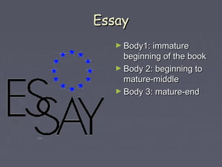 EEssssaayy 
►BBooddyy11:: iimmmmaattuurree 
bbeeggiinnnniinngg ooff tthhee bbooookk 
►BBooddyy 22:: bbeeggiinnnniinngg ttoo 
mmaattuurree-mmiiddddllee 
►BBooddyy 33:: mmaattuurree-eenndd 
 