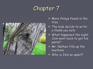 CChhaapptteerr 77 
► MMoorree tthhiinnggss ffoouunndd iinn tthhee 
ttrreeee 
► TThhee kkiiddss ddeecciiddee ttoo wwrriittee 
aa tthhaannkk yyoouu nnoottee 
► WWhhaatt hhaappppeenneedd tthhee nniigghhtt 
JJeemm wweenntt bbaacckk ttoo ggeett hhiiss 
ppaannttss?? 
► MMrr.. NNaatthhaann ffiillllss uupp tthhee 
kknnootthhoollee 
► WWhhyy iiss JJeemm ssoo uuppsseett?? 
 
