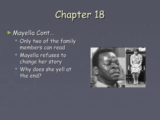 CChhaapptteerr 1188 
►MMaayyeellllaa CCoonntt…… 
 OOnnllyy ttwwoo ooff tthhee ffaammiillyy 
mmeemmbbeerrss ccaann rreeaadd 
 MMaayyeellllaa rreeffuusseess ttoo 
cchhaannggee hheerr ssttoorryy 
 WWhhyy ddooeess sshhee yyeellll aatt 
tthhee eenndd?? 
 