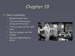 CChhaapptteerr 1199 
► TToomm’’ss tteessttiimmoonnyy:: 
 MMaayyeellllaa kkiisssseedd hhiimm 
 TToomm ssaaiidd nnootthhiinngg wwaass 
wwrroonngg wwiitthh tthhee ddoooorr 
 TToomm ccaann oonnllyy uussee hhiiss rriigghhtt 
hhaanndd 
 SSaaiidd hhee jjuummppeedd oouutt tthhee 
wwiinnddooww 
 SSaayyss hhee hheellppss MMaayyeellllaa 
oofftteenn 
 