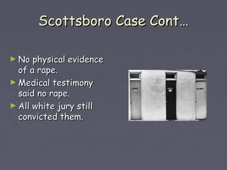 SSccoottttssbboorroo CCaassee CCoonntt…… 
►NNoo pphhyyssiiccaall eevviiddeennccee 
ooff aa rraappee.. 
►MMeeddiiccaall tteessttiimmoonnyy 
ssaaiidd nnoo rraappee.. 
►AAllll wwhhiittee jjuurryy ssttiillll 
ccoonnvviicctteedd tthheemm.. 
 
