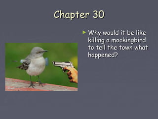 CChhaapptteerr 3300 
►WWhhyy wwoouulldd iitt bbee lliikkee 
kkiilllliinngg aa mmoocckkiinnggbbiirrdd 
ttoo tteellll tthhee ttoowwnn wwhhaatt 
hhaappppeenneedd?? 
 