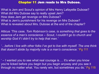 Chapter 11 Jem reads to Mrs Dubose.
What is Jem and Scout’s opinion of Mrs Henry Lafayette Dubose?
What did Mrs Dubose say to really upset Jem?
How does Jem get revenge on Mrs Dubose?
What is Jem’s punishment for his revenge on Mrs Dubose?
What is revealed about Mrs. Dubose at the end of the chapter?
Atticus ‘This case, Tom Robinson’s case, is something that goes to the
essence of a man’s conscience – Scout, I couldn’t go to church and
worship God if I didn’t try to help that man.’
‘…before I live with other folks I’ve got to live with myself. The one think
that doesn’t abide by majority rule is a man’s conscience.’ Pg 111
‘ – I wanted you to see what real courage is…. It’s when you know
you’re licked before you begin but you begin anyway and you see it
through no matter what. You rarely win, but sometimes you do.’ Pg 118
 