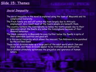 Slide 15: Themes
Social Inequality
The social inequality in the novel is explored using the town of Maycomb and its
complicated hierarchy.
The Finch family are well off within the town largely due to Atticus‟s
employment. As a result most of the town‟s people are beneath them.
The country farmers the Cunninghams lie below the town‟s people due to their
ignorance whilst the Ewells are below the Cunninghams because of their
immoral behaviour.
The black community in Maycomb lie even further below the Ewells in spite of
their admirable qualities and good will.
It is this social hierarchy which allows the innocent Tom Robinson to be punished
by the evil Bob Ewell.
These social divisions make up a large part of the adult world which Jem and
Scout see, and these divisions appear to be irrational and destructive.
Social division ultimately epitomises the prejudice and ignorance of human
nature.
 