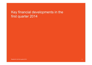 Key financial developments in the
first quarter 2014
6Results for the first quarter 2014
 