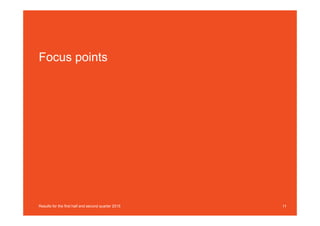 11
Focus points
Results for the first half and second quarter 2015
 
