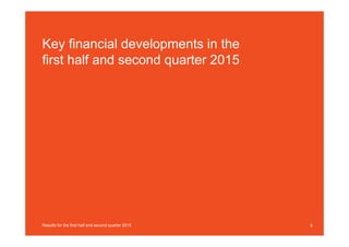 Key financial developments in the
first half and second quarter 2015
6Results for the first half and second quarter 2015
 