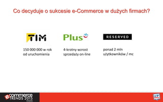 Co decyduje o sukcesie e-Commerce w dużych firmach?
150	
  000	
  000	
  w	
  rok	
  
od	
  uruchomienia	
  
4-­‐krotny	
  wzrost	
  	
  
sprzedaży	
  on-­‐line	
  
ponad	
  2	
  mln	
  	
  
użytkowników	
  /	
  mc	
  
 