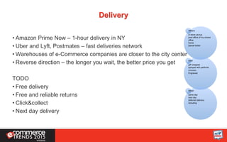 Delivery
• Amazon Prime Now – 1-hour delivery in NY
• Uber and Lyft, Postmates – fast deliveries network
• Warehouses of e-Commerce companies are closer to the city center
• Reverse direction – the longer you wait, the better price you get
TODO
• Free delivery
• Free and reliable returns
• Click&collect
• Next day delivery
Where:
in-store pickup
post office of my choice
office
home
parcel locker
How
gift wrapped
sprayed with perfume
embossed,
Engraved
When
same day
next day
deferred delivery
rerouting
 