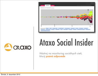 Ataxo Social Insider
                            Nástroj na monitoring sociálnych sietí,
                            ktorý pozná odpovede




Štvrtok, 9. december 2010
 