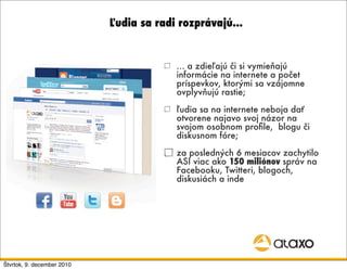 Ľudia sa radi rozprávajú...


                                         ... a zdieľajú či si vymieňajú
                                         informácie na internete a počet
                                         príspevkov, ktorými sa vzájomne
                                         ovplyvňujú rastie;

                                         ľudia sa na internete neboja dať
                                         otvorene najavo svoj názor na
                                         svojom osobnom proﬁle, blogu či
                                         diskusnom fóre;

                                         za posledných 6 mesiacov zachytilo
                                         ASI viac ako 150 miliónov správ na
                                         Facebooku, Twitteri, blogoch,
                                         diskusiách a inde




Štvrtok, 9. december 2010
 