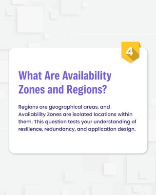 Regions are geographical areas, and
Availability Zones are isolated locations within
them. This question tests your understanding of
resilience, redundancy, and application design.
What Are Availability
Zones and Regions?
 