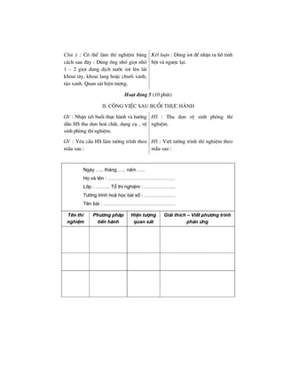 Chó ý : Cã thÓ lµm thÝ nghiÖm b»ng
c¸ch sau ®©y : Dïng èng nhá giät nhá
1 – 2 giät dung dÞch n−íc iot lªn l¸t
khoai t©y, khoai lang hoÆc chuèi xanh,
t¸o xanh. Quan s¸t hiÖn t−îng.
KÕt luËn : Dïng iot ®Ó nhËn ra hå tinh
bét vµ ng−îc l¹i.
Ho¹t ®éng 5 (10 phót)
ii. c«ng viÖc sau buæi thùc hµnh
GV : NhËn xÐt buæi thùc hµnh vµ h−íng
dÉn HS thu dän ho¸ chÊt, dông cô , vÖ
sinh phßng thÝ nghiÖm.
HS : Thu dän vÖ sinh phßng thÝ
nghiÖm.
GV : Yªu cÇu HS lµm t−êng tr×nh theo
mÉu sau :
HS : ViÕt t−êng tr×nh thÝ nghiÖm theo
mÉu sau :
Ngµy ….. th¸ng ….. n¨m …..
Hä vµ tªn : ……………………………………
Líp : ……… Tæ thÝ nghiÖm : ………………..
T−êng tr×nh ho¸ häc bµi sè : ……………..…
Tªn bµi : ………………………………………
Tªn thÝ
nghiÖm
Ph−¬ng ph¸p
tiÕn hμnh
HiÖn t−îng
quan s¸t
Gi¶i thÝch – ViÕt ph−¬ng tr×nh
ph¶n øng
 