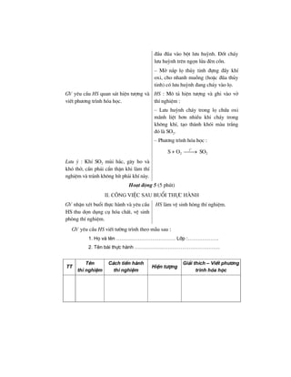 ®Çu ®òa vµo bét l−u huúnh. §èt ch¸y
l−u huúnh trªn ngän löa ®Ìn cån.
– Më n¾p lä thñy tinh ®ùng ®Çy khÝ
oxi, cho nhanh muçng (hoÆc ®òa thñy
tinh) cã l−u huúnh ®ang ch¸y vµo lä.
GV yªu cÇu HS quan s¸t hiÖn t−îng vµ
viÕt ph−¬ng tr×nh hãa häc.
HS : M« t¶ hiÖn t−îng vµ ghi vµo vë
thÝ nghiÖm :
– L−u huúnh ch¸y trong lä chøa oxi
m·nh liÖt h¬n nhiÒu khi ch¸y trong
kh«ng khÝ, t¹o thµnh khãi mµu tr¾ng
®ã lµ SO2.
– Ph−¬ng tr×nh hãa häc :
S + O2
o
t
⎯⎯→ SO2
L−u ý : KhÝ SO2 mïi h¾c, g©y ho vµ
khã thë, cÇn ph¶i cÈn thËn khi lµm thÝ
nghiÖm vµ tr¸nh kh«ng hÝt ph¶i khÝ nµy.
Ho¹t ®éng 5 (5 phót)
II. c«ng viÖc sau buæi thùc hµnh
GV nhËn xÐt buæi thùc hµnh vµ yªu cÇu
HS thu dän dông cô hãa chÊt, vÖ sinh
phßng thÝ nghiÖm.
HS lµm vÖ sinh hßng thÝ nghiÖm.
GV yªu cÇu HS viÕt t−êng tr×nh theo mÉu sau :
1. Hä vµ tªn ……………………………… Líp :……………….
2. Tªn bµi thùc hµnh …………………………………………….
TT
Tªn
thÝ nghiÖm
C¸ch tiÕn hμnh
thÝ nghiÖm
HiÖn t−îng
Gi¶i thÝch – ViÕt ph−¬ng
tr×nh hãa häc
 