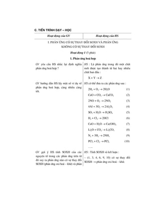 c. tiÕn tr×nh D¹y – häc
Ho¹t ®éng cña GV Ho¹t ®éng cña HS
I. ph¶n øng cã sù thay ®æi SOXH vµ ph¶n øng
kh«ng cã sù thay ®æi SOXH
Ho¹t ®éng 1 (5 phót)
1. Ph¶n øng ho¸ hîp
GV yªu cÇu HS nh¾c l¹i ®Þnh nghÜa
ph¶n øng ho¸ hîp ?
HS : Lµ ph¶n øng trong ®ã mét chÊt
míi ®−îc t¹o thµnh tõ hai hay nhiÒu
chÊt ban ®Çu :
X + Y → Z
GV h−íng dÉn HS lÊy mét sè vÝ dô vÒ
ph¶n øng ho¸ hîp, cµng nhiÒu cµng
tèt.
HS cã thÓ ®−a ra c¸c ph¶n øng sau :
2H2 + O2 → 2H2O (1)
CaO + CO2 → CaCO3 (2)
2NO + O2 → 2NO2 (3)
4Al + 3O2 → 2Al2O3 (4)
SO3 + H2O → H2SO4 (5)
H2 + Cl2 → 2HCl (6)
CaO + H2O → Ca(OH)2 (7)
Li2O + CO2 → Li2CO3 (8)
N2 + 3H2 → 2NH3 (9)
PCl3 + Cl2 → PCl5 (10)
…..
GV gîi ý HS tÝnh SOXH cña c¸c
nguyªn tè trong c¸c ph¶n øng trªn tõ
®ã suy ra ph¶n øng nµo cã sù thay ®æi
SOXH (ph¶n øng oxi ho¸ – khö) vµ ph¶n
HS : TÝnh SOXH vµ kÕt luËn :
– (1, 3, 4, 6, 9, 10) cã sù thay ®æi
SOXH → ph¶n øng oxi ho¸ – khö.
 