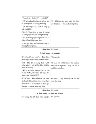V(mol/l.s) 1,22.10–8
4,88.10–8
– GV yªu cÇu HS nhËn xÐt vÒ sù liªn
hÖ gi÷a ¸p suÊt vµ tèc ®é ph¶n øng.
– GV bæ sung : Cã 2 c¸ch ®Ó t¨ng ¸p
suÊt chÊt khÝ :
HS : Khi t¨ng ¸p suÊt, nång ®é chÊt
khÝ t¨ng theo → tèc ®é ph¶n øng t¨ng.
C¸ch 1 : T¨ng thªm sè ph©n tö khÝ ®ã
vµ gi÷ nguyªn thÓ tÝch b×nh ph¶n øng.
C¸ch 2 : Gi÷ nguyªn sè ph©n tö khÝ vµ
gi¶m thÓ tÝch b×nh ph¶n øng.
→ KÕt qu¶ nång ®é chÊt khÝ sÏ t¨ng →
tèc ®é ph¶n øng t¨ng.
Ho¹t ®éng 5 (5 phót)
3. ¶nh h−ëng cña nhiÖt ®é
GV biÓu diÔn thÝ nghiÖm : Thùc hiÖn
ph¶n øng (2) ë hai nhiÖt ®é kh¸c nhau.
HS quan s¸t.
TN1 : Cho 25 ml dung dÞch H2SO4
0,1M vµo 25 ml dd Na2S2O3 0,1M ë
nhiÖt ®é th−êng.
TN2 : Cho 25 ml dd H2SO4 0,1M vµo
25 ml dd Na2S2O3 0,1M ®· ®−îc ®un
nãng tr−íc kho¶ng 50o
C.
HS nhËn xÐt sù kÕt tña ë hai tr−êng
hîp : ë thÝ nghiÖm 2 thÊy kÕt tña S
xuÊt hiÖn sím h¬n.
GV bæ sung : T¨ng nhiÖt ®é c¸c ph©n
tö chuyÓn ®éng nhanh h¬n → va ch¹m
nhiÒu h¬n → sè va ch¹m cã hiÖu qu¶
t¨ng lªn → tèc ®é ph¶n øng t¨ng.
KÕt luËn : T¨ng nhiÖt ®é → tèc ®é
ph¶n øng t¨ng.
Ho¹t ®éng 6 (5 phót)
4. ¶nh h−ëng cña diÖn tÝch bÒ mÆt
GV h−íng dÉn HS lµm 2 thÝ nghiÖm ThÝ nghiÖm 1 :
 