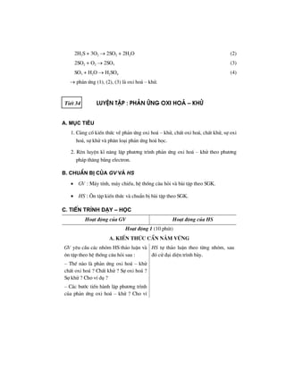 2H2S + 3O2 → 2SO2 + 2H2O (2)
2SO2 + O2 → 2SO3 (3)
SO3 + H2O → H2SO4 (4)
→ ph¶n øng (1), (2), (3) lµ oxi ho¸ – khö.
TiÕt 34 luyÖn tËp : ph¶n øng oxi ho¸ – khö
A. Môc tiªu
1. Cñng cè kiÕn thøc vÒ ph¶n øng oxi ho¸ – khö, chÊt oxi ho¸, chÊt khö, sù oxi
ho¸, sù khö vµ ph©n lo¹i ph¶n øng ho¸ häc.
2. RÌn luyÖn kÜ n¨ng lËp ph−¬ng tr×nh ph¶n øng oxi ho¸ – khö theo ph−¬ng
ph¸p th¨ng b»ng electron.
B. ChuÈn bÞ cña GV vμ HS
• GV : M¸y tÝnh, m¸y chiÕu, hÖ thèng c©u hái vµ bµi tËp theo SGK.
• HS : ¤n tËp kiÕn thøc vµ chuÈn bÞ bµi tËp theo SGK.
C. TiÕn tr×nh d¹y – häc
Ho¹t ®éng cña GV Ho¹t ®éng cña HS
Ho¹t ®éng 1 (10 phót)
a. kiÕn thøc cÇn n¾m v÷ng
GV yªu cÇu c¸c nhãm HS th¶o luËn vµ
«n tËp theo hÖ thèng c©u hái sau :
– ThÕ nµo lµ ph¶n øng oxi ho¸ – khö
chÊt oxi ho¸ ? ChÊt khö ? Sù oxi ho¸ ?
Sù khö ? Cho vÝ dô ?
– C¸c b−íc tiÕn hµnh lËp ph−¬ng tr×nh
cña ph¶n øng oxi ho¸ – khö ? Cho vÝ
HS tù th¶o luËn theo tõng nhãm, sau
®ã cö ®¹i diÖn tr×nh bµy.
 