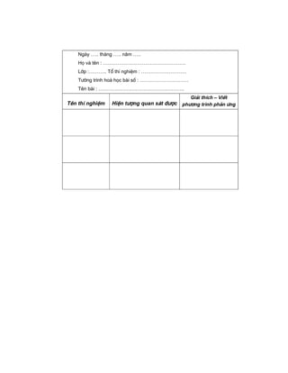 Ngµy ….. th¸ng ….. n¨m …..
Hä vµ tªn : ……………………………………………
Líp :……….. Tæ thÝ nghiÖm : ……………………….
T−êng tr×nh ho¸ häc bµi sè : …………………………
Tªn bµi : ……………………………………………..
Tªn thÝ nghiÖm HiÖn t−îng quan s¸t ®−îc
Gi¶i thÝch – ViÕt
ph−¬ng tr×nh ph¶n øng
 