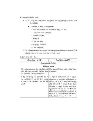 B. ChuÈn bÞ cña GV vµ HS
1. GV : • M¸y tÝnh, m¸y chiÕu, c¸c phiÕu häc tËp, phãng to h×nh 5.3 vµ
5.4 (SGK)
• Ho¸ chÊt vµ dông cô thÝ nghiÖm.
– §iÒu chÕ sÉn b×nh khÝ clo (5 b×nh ®ùng khÝ clo).
– 1 con ch©u chÊu (cµo cµo).
– Kim lo¹i Na, Fe.
– N−íc cÊt.
– C¸nh hoa hång.
– GiÊy quú, ®Ìn cån.
– ChËu thuû tinh.
2. HS : ¤n tËp vÒ tÝnh chÊt chung cña halogen vµ kÜ n¨ng x¸c ®Þnh SOXH
cña c¸c nguyªn tè trong ph¶n øng oxi ho¸ – khö.
C. TiÕn tr×nh d¹y – häc
Ho¹t ®éng cña GV Ho¹t ®éng cña HS
Ho¹t ®éng 1 (3 phót)
KiÓm tra bµi cò
GV chiÕu néi dung lªn mµn h×nh vµ
ph¸t phiÕu häc tËp sè 1 cho ®¹i diÖn
c¸c nhãm HS víi c¸c c©u hái sau :
C¸c nhãm HS th¶o luËn, cö ®¹i diÖn
tr×nh bµy :
1. T¹i sao trong c¸c hîp chÊt th× F
chØ cã SOXH -1 mµ Cl, Br, I ngoµi
SOXH –1 cßn cã SOXH +1, +3, +5
vµ +7.
1. Nguyªn tö halogen cã 7e ngoµi
cïng nªn cã kh¶ n¨ng nhËn thªm 1e
t¹o SOXH -1. Kh¶ n¨ng nµy lµ duy
nhÊt ®èi víi F v× nã cã ®é ©m ®iÖn
lín nhÊt vµ kh«ng cã ph©n líp d. C¸c
nguyªn tè cßn l¹i do cÊu h×nh cã
ph©n líp d nªn khi bÞ kÝch thÝch sÏ
t¹o ra 1, 3, 5 vµ 7 electron víi SOXH
t−¬ng øng lµ +1, +3, +5 vµ +7.
 