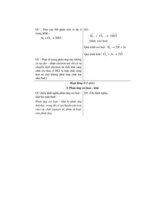 GV : Yªu cÇu HS ph©n tÝch vÝ dô 4
trong SGK :
H2 + Cl2 → 2HCl
HS :
1 1
2 2H Cl 2HCl
ο ο + −
+ →
(khö) (oxi ho¸)
Qu¸ tr×nh oxi ho¸ :
1
2H 2H 2e
ο +
→ +
Qu¸ tr×nh khö :
1
2Cl 2e 2Cl
ο −
+ →
GV : Thùc tÕ trong ph¶n øng nµy kh«ng
cã sù cho – nhËn electron mµ chØ cã sù
chuyÓn dÞch electron tõ chÊt khö sang
chÊt oxi ho¸ v× HCl lµ hîp chÊt céng
ho¸ trÞ chø kh«ng ph¶i hîp chÊt ion
nh− NaCl.
Ho¹t ®éng 4 (5 phót)
3. Ph¶n øng oxi ho¸ – khö
GV chiÕu ®Þnh nghÜa ph¶n øng oxi ho¸ –
khö lªn mµn h×nh :
Ph¶n øng oxi ho¸ – khö lµ ph¶n øng
ho¸ häc, trong ®ã cã sù chuyÓn electron
cña c¸c chÊt (nguyªn tö, ph©n tö hoÆc
ion) ph¶n øng.
HS : Ghi ®Þnh nghÜa.
 