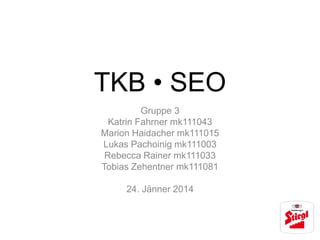 TKB • SEO
Gruppe 3
Katrin Fahrner mk111043
Marion Haidacher mk111015
Lukas Pachoinig mk111003
Rebecca Rainer mk111033
Tobias Zehentner mk111081
24. Jänner 2014

 