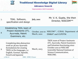 12-Mar-16 21
RSBK - SDMCA Hassan
7. TDKL Software,
specification and design
July, 2001
Mr. V. K. Gupta, the then
Director, NISCOM**
8
Establishing TKDL team of
Project Assistants (IT),
Ayurveda, Patent
Examiners, etc.
October, 2001 to
March, 2002
NISCOM**, CCRAS, Department of
ISM&H* and CGPDTM.
9
Completing data abstraction
work on 36,000 Ayurveda
formulations for creating
TKDL in five languages, i.e.
English, German, Spanish,
French and Japanese
March, 2003
TKDL team of Project Assistants
(IT), Ayurveda, Patent Examiners
and Scientists functioning since
October 2001 at NISCAIR
(erstwhile National Institute of
Science Communication,
NISCOM).
 