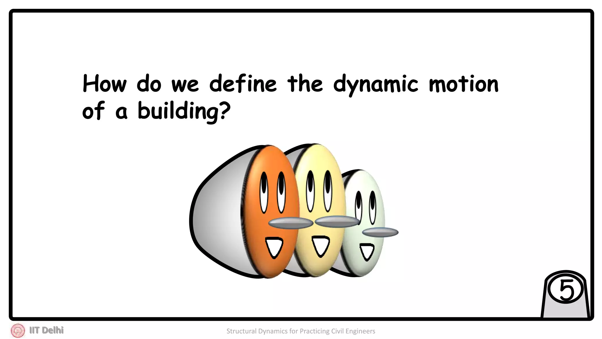 IIT Delhi Structural Dynamics for Practicing Civil Engineers
5
How do we define the dynamic motion
of a building?
 