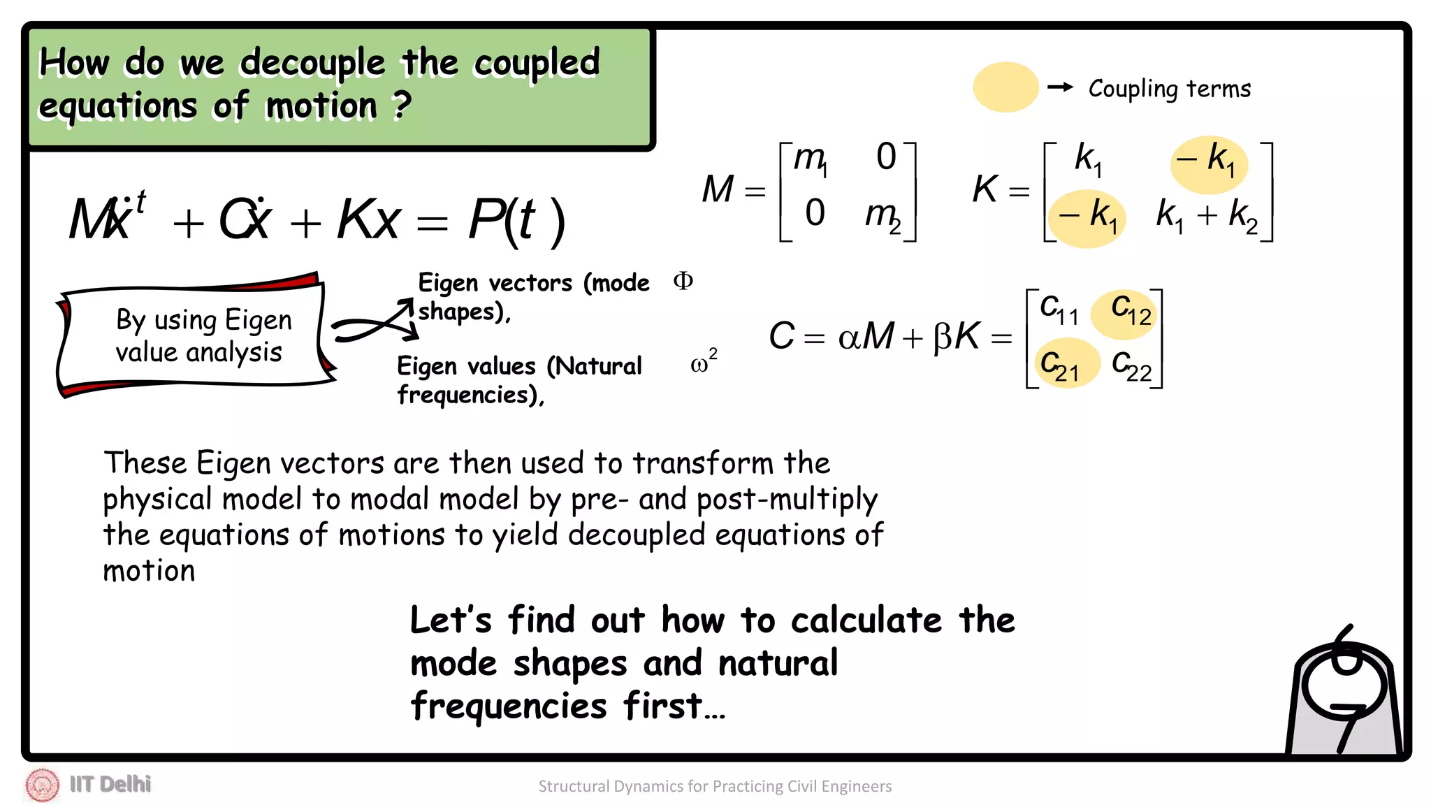 IIT Delhi Structural Dynamics for Practicing Civil Engineers
6
7
)(tPKxxCxM t
  








211
11
kkk
kk
K






2
1
0
0
m
m
M







2221
1211
cc
cc
KMC
Coupling terms
By using Eigen
value analysis
Eigen vectors (mode
shapes),
Eigen values (Natural
frequencies),
These Eigen vectors are then used to transform the
physical model to modal model by pre- and post-multiply
the equations of motions to yield decoupled equations of
motion
Let’s find out how to calculate the
mode shapes and natural
frequencies first…
How do we decouple the coupled
equations of motion ?
How do we decouple the coupled
equations of motion ?

2

 
