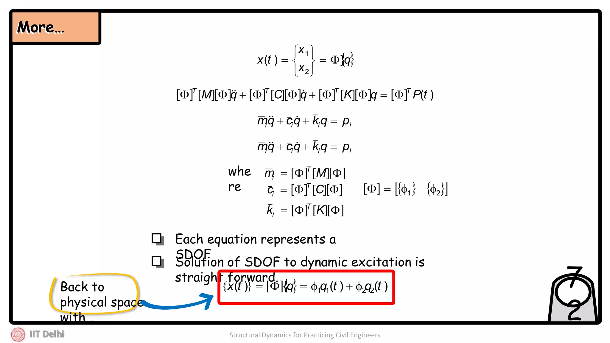 IIT Delhi Structural Dynamics for Practicing Civil Engineers
7
2
 q
x
x
tx })(
2
1








                 )(tPqKqCqM TTTT
 
iiii pqkqcqm  
iiii pqkqcqm  
     Cc T
i
     Mm T
i
     Kk T
i
whe
re
Each equation represents a
SDOF
Solution of SDOF to dynamic excitation is
straight forward.
More…More…
    )()({)( 2211 tqtqqtx 
      21 
Back to
physical space
with…
 