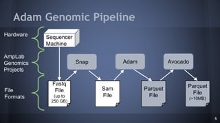 Adam Genomic Pipeline
6
Fastq
File
(up to
250 GB)
Sam
File
Parquet
File
Parquet
File
(~10MB)
Sequencer
Machine
Snap Avocad...