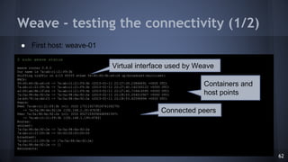 Weave - testing the connectivity (1/2)
$ sudo weave status
weave router 0.8.0
Our name is 7a:ab:c1:21:f9:3b
Sniffing traff...