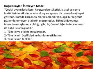 Doğal Olayları İnceleyen Model
“Çeşitli uyarıcılarla karşı karşıya olan tüketici, kişisel ve çevre
faktörlerinin etkisinde kalarak uyarıcıya (ya da uyarıcılara) tepki
gösterir. Burada kara kutu olarak adlandırılan, açık bir biçimde
gözlemlenemeyen etkilerin oluşumudur. Tüketici davranışı,
insan davranışlarında olduğu gibi, üç önemli öğenin incelenmesi
ile daha iyi anlaşılabilir:
1- Tüketiciye etki eden uyarıcılar,
2- Tüketicinin özellikleri ve bunların etkileşimi,
3- Tüketicinin tepkileri.
 