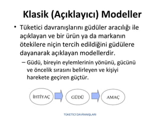 Klasik (Açıklayıcı) Modeller
• Tüketici davranışlarını güdüler aracılığı ile
açıklayan ve bir ürün ya da markanın
ötekilere niçin tercih edildiğini güdülere
dayanarak açıklayan modellerdir.
– Güdü, bireyin eylemlerinin yönünü, gücünü
ve öncelik sırasını belirleyen ve kişiyi
harekete geçiren güçtür.
TÜKETİCİ DAVRANIŞLARI
İHTİYAÇİHTİYAÇ AMAÇAMAÇGÜDÜGÜDÜ
 