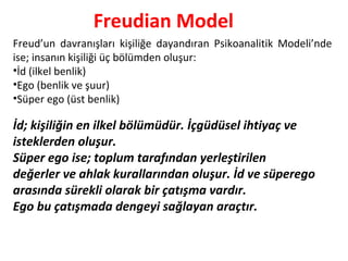 Freud’un davranışları kişiliğe dayandıran Psikoanalitik Modeli’nde
ise; insanın kişiliği üç bölümden oluşur:
•İd (ilkel benlik)
•Ego (benlik ve şuur)
•Süper ego (üst benlik)
Freudian Model
İd; kişiliğin en ilkel bölümüdür. İçgüdüsel ihtiyaç ve
isteklerden oluşur.
Süper ego ise; toplum tarafından yerleştirilen
değerler ve ahlak kurallarından oluşur. İd ve süperego
arasında sürekli olarak bir çatışma vardır.
Ego bu çatışmada dengeyi sağlayan araçtır.
 